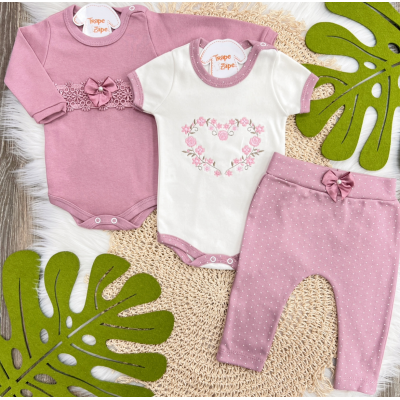 Conj. de Malha 3 peças - Ramos de Flores Coração - Off White e Uva